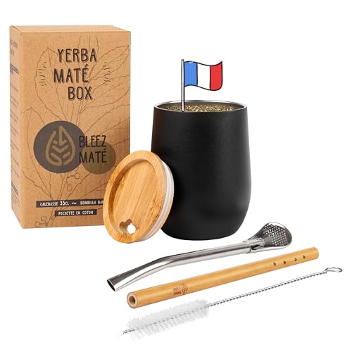 Pack Calebasse mate Bombilla Bambú [Taza mate de 350 ml + 2 bombillas + kit de mantenimiento + bolsillo] Taza doble pared isotérmica de acero con tapa de madera natural, juego de té Yerba Mate