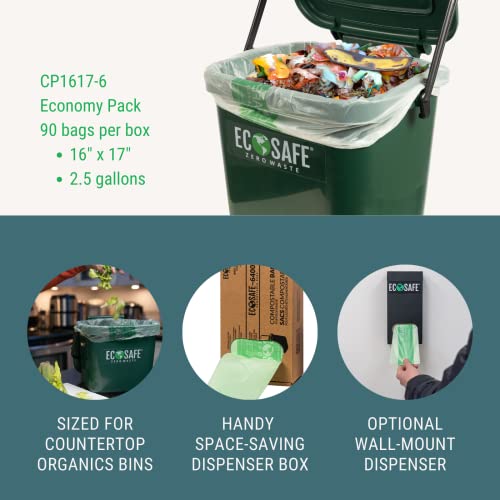 Image of EcoSafe-6400 HB1617-6 Certified Compostable Bag - Small 16x17 inch Green Bags for 2.5 Gallon Bin - Extra Strong Leak, Puncture and Tear Resistant Food Scraps Bin Liners, Pack of 720