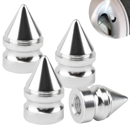 4 PCS Spiked Style Car Tire Valve Caps, Aluminium Alloy Tire Valve Stem Caps, Corrosion Resistant and Dustproof Tire Valve Stem Covers for Cars, Trucks, SUVs and Motorcycles (Silver)