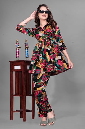 Image of Women Crepe 3 /4 Sleeves V Neck Cord Set Featuring Floral Pattern Design 2 Piece Ethnic Wear Set