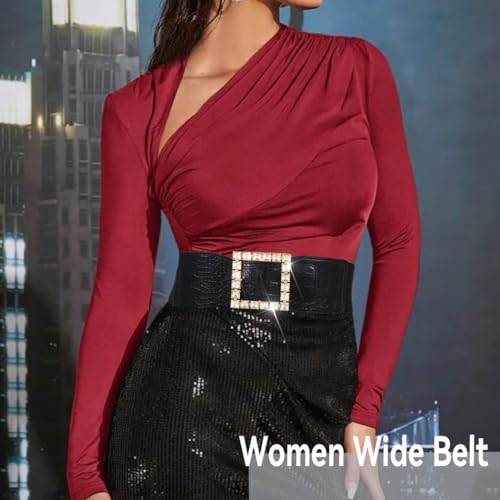 Women Rhinestone Wide Waist Belt Sparkle Buckle Elastic Belt for Dresses Stretchy Leather Waistband for Ladies2