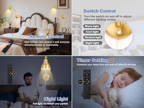Image of 1 Pack Plug in Wall Sconce with Remote, Dimmable, Adjustable Colors, Swing Arm Wall Lamp, Plug in Wall Light with Timer & Night Light (Gold, with Bulb+Remote)