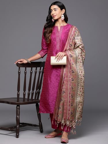 Image of Varanga Women Embroidered Straight Kurta Pant Set with Dupatta | Silk Blend Fabric | 3 /4 Sleeve Round Neck | Lightweight Comfortable Summer Wear