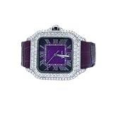 NERIX Iced Moissanite Diamond Watch for Men Luxury Square Roman Dial Purple Face Stainless Steel Hip Hop Watch Diamond Look Statement Wristwatch Fashion Watch Gift for Men