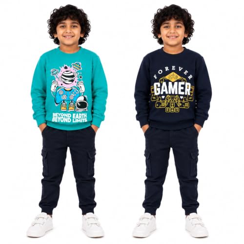 Image of NammaBaby Boys Loopknit Cotton Round Neck T-Shirt Chest Printed Full Sleeves Sweatshirt for Light Winters Pack of 2
