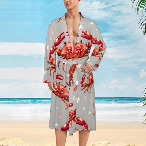 Seafood Marine Crabs Cherry Flowers Men's Robes Long Sleeve V Neck Bath Robe Printed Bathrobes Cozy Soft Sleepwear2