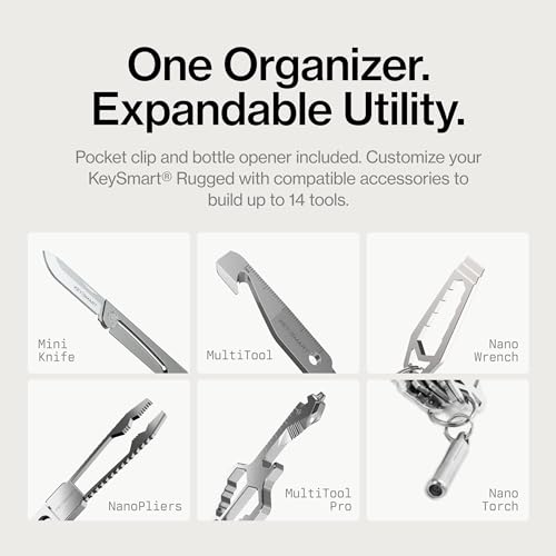 Image of KeySmart Rugged Keychain Multitool Key Holder, Up to 14 Keys | Key Organizer for EDC. Expandable, Durable Build, Reduces Key Chain Bulk & Jingle, Pocket Clip & Bottle Opener Included