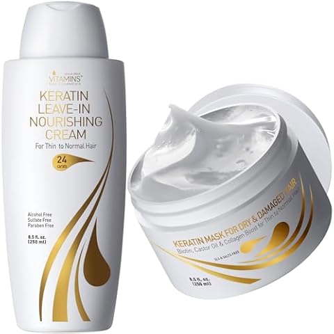 VITAMINS hair cosmetics Leave-In Keratin Booster Nourishing Solution and Hair Mask Deep Conditioning Therapy for Dry, Thin, Damaged, Fine Hair - Pro Hydrating, Ultra Moisturizing, Repairing Treatment Cover