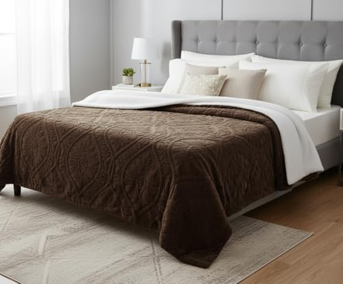 Image of VAS COLLECTIONS Faux Fur Jacquard Tufted Sherpa Blanket | 600 GSM Heavyweight Ultra-Soft & Super Warm Double Bed Blanket | 225 x 220 cm | 5D Embossed Floral Design | Heavy Winter Use - 3 kg, Coffee