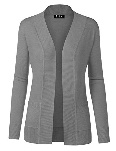 BH B.I.L.Y USA Women's Open Front Long Sleeve Classic Knit Cardigan Heather Grey