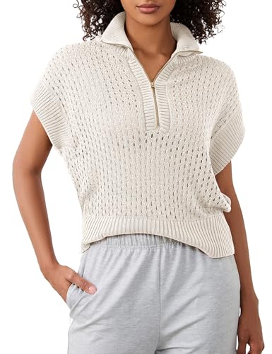 Womens Crochet Sweater Quarter Zip Cap Sleeve Tops Lightweight Hollow Out Fall Sweater Pullover Tops