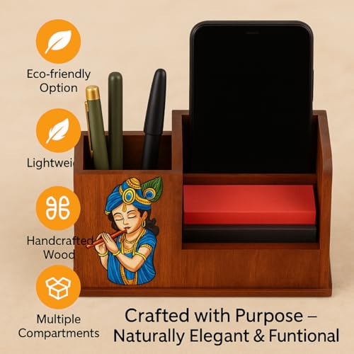 Image of DivineCraftedArt Handcrafted Wooden Pen Holder & Mobile Stand | Desk Organizer for Office, Home & Study Table | Pen Pencil Stand with Card Holder (6.75x3.75x2.5 Inch) (Krishana Harmony)