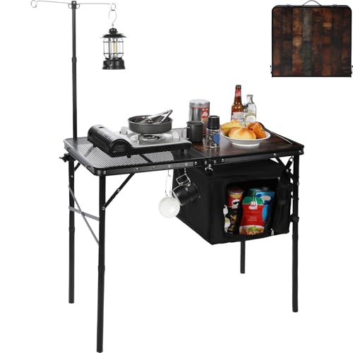REDCAMP Portable Camping Kitchen Table, 3ft Folding Camping Grill Table with Storage Organizer and Telescoping Light Stand, Outdoor Cooking Station for BBQ, Party and Picnic