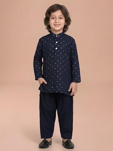 Image of POLKA TOTS Boys Cotton Ethnic Kurta Pajama Set with Attached Koti | Ethnic Motif Wear Kids Kurta Pyjama for Boys & Toddlers | Traditional Dress for Weddings & Festivals | Festive Jubba Set for Babies