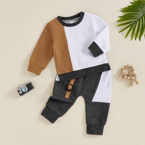 Toddler Infant Baby Boy Clothes Set Fall Winter Long Sleeve Sweatshirt Top with Elastic Pant Color Block Outfit3