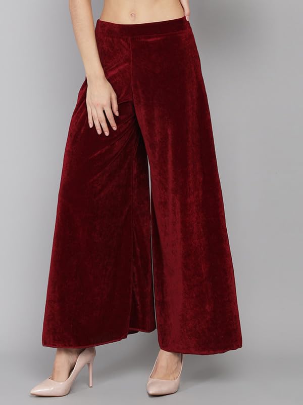Image of Vaararo Velvet Co-Ords for Women | One Sleeve Crop Top with Palazzo Set Casual Party Dress