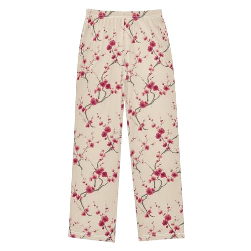 Pajama Pants Lounge Sleep PJ Bottoms Sleepwear Elastic Waist Drawstring S Cherry Blossom Light Orange