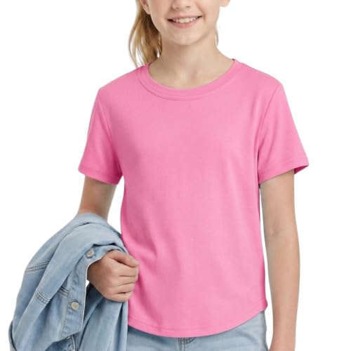 Image of WELAKEN Girls Soft T-Shirt with Curved Hem, Breathable Stretchy Rayon Crewneck Short Sleeve Tees, Kids Everyday Basic Top