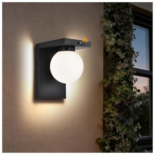 Image of Black Exterior Light Fixture, Dusk to Dawn LED Outdoor Wall Light, 12W Integrated LED Modern Farmhouse Sconce with Frosted Glass Globe Shade, Waterproof Porch Light for Front Door, Garage, Patio