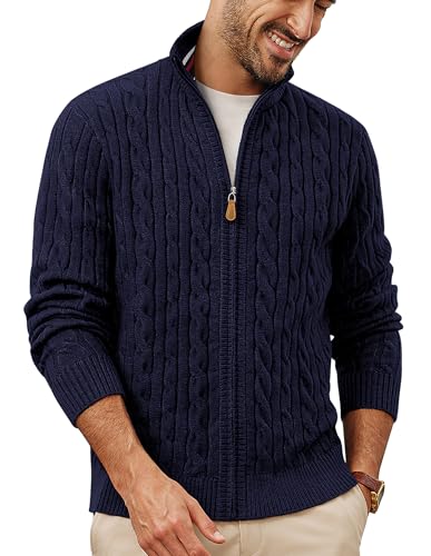 PJ PAUL JONES Chaqueta de punto para hombre con cremallera, cuello alto, cárdigan con diseño trenzado, azul marino, M