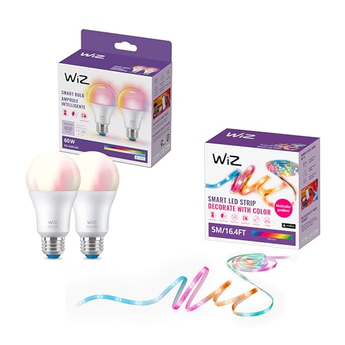WiZ - Bundle - RGBIC LED Strip 5m Plus 2 60W A19 Color Bulbs - Control with Voice or App + Activate with Motion - Matter Compatible