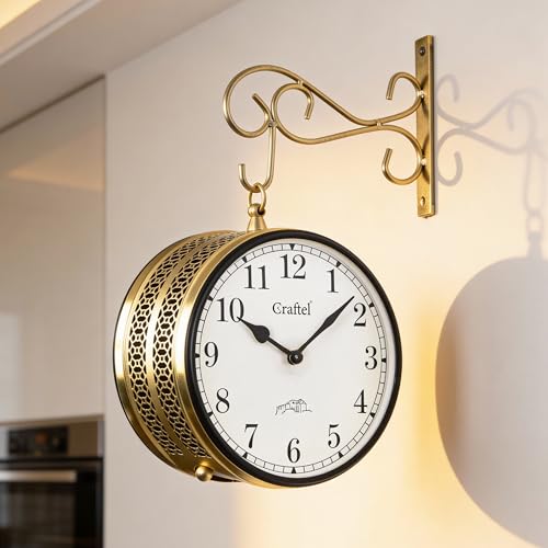 Image of CRAFTEL Double Sided Station Wall Clock Electroplated | Both Side Numerals | Aluminum Matte-Finish Dial Brass Body | Dial - 8 Inches, Shiny Gold | 365 Days Warranty