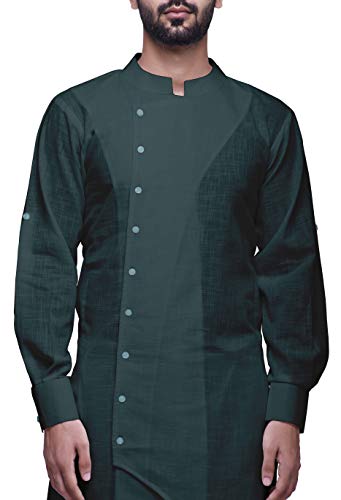 Image of Atasi Mandarin Collar Mens Kurta Shirt Solid Cotton Flex Long Kurta for Boys, Teal Green, 4X-Large