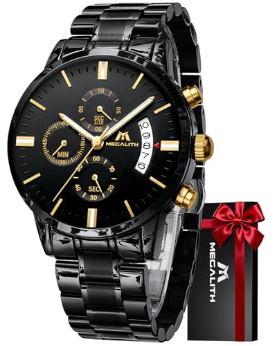 Imagen de MEGALITH Reloj Hombre Analógico Cuarzo: Negro Relojes de Pulsera Acero Inoxidable Cronografo Luminoso Fecha Impermeable