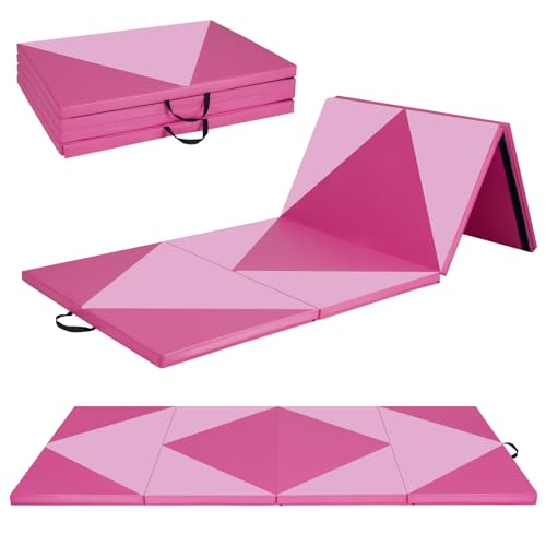 GYMAX Gymnastics Mat, 4 FT x 10 FT x 2 Inches Folding Exercise Mat w/Carrying Handles, Hook & Loop...