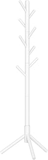 VASAGLE Solid Wood Coat Rack, Free Standing Tree-Shaped Coat Rack with 8 Hooks, 3 Height Options, for Clothes, Hats, Bags, Living Room, Bedroom, Home Office, White URCR04WT