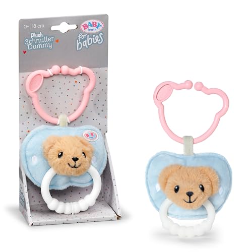 BABY born for babies Plüsch Schnuller mit Bärchengesicht, Beißring mit Clip, 18cm groß, quietscht, waschbar