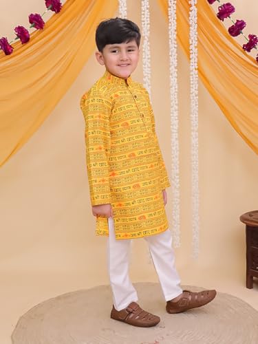 Image of AJ DEZINES Boys Cotton Full Sleeve Letter Printed Kurta Pajama Set for Kids - Ethnic wear | Special Occasion & Traditional Outfit |Boys Kurta Set - Regular Fit