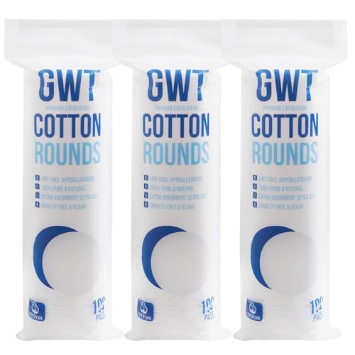 GWT Premium Cotton Rounds for Face 100% Pure & Lint-Free Cotton Pads Soft & Absorbent Makeup Remover Hypoallergenic Multi-Layer Design (100 Count (Pack of 3))