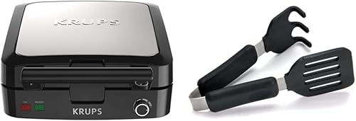 KRUPS Máquina de gofres belga, wafflera con platos extraíbles, 4 rebanadas, platanegro y pinzas de silicona Norpro Grip-EZ Grab and Lift, juego de