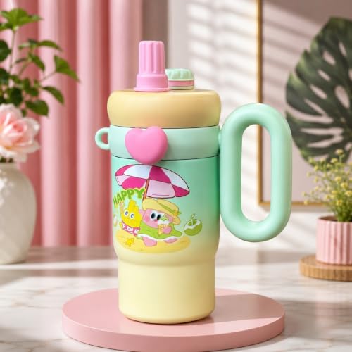Image of Fancy Kitchen Cartoon Kids Tumbler - 850ml Stainless Steel Double-Walled Travel Mug - Leak-Proof, BPA-Free with Straw - Perfect for School & Outdoor Use. (Happy Green)