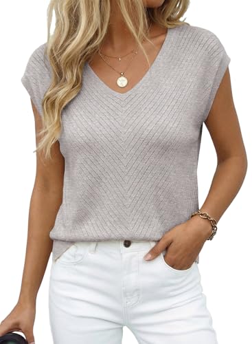 Image of Dokotoo Sweaters for Women 2026 Summer Eyelet Cap Sleeve Knitted Vest V Neck Business Casual Loose Pullover Tank Tops