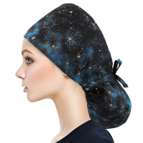 Image of QBA Adjustable Working Cap with Button, Satin-Lined Hat, Cotton Working Hat Sweatband, Elastic Tie Back Hats Unisex