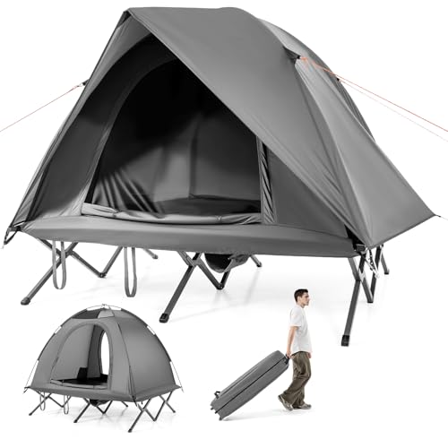 GYMAX 2-Person Camping Cot Tent, Folding Off-Ground Cot Bed Combo with Portable Wheeled Bag, Waterproof Rainfly, 2 Mesh Doors & Skylight Roof for Hiking, Backpacking, Outdoor (Gray)