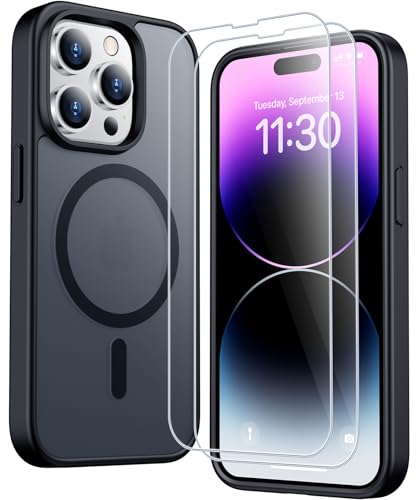 SPIDERCASE for iPhone 14 Pro Max Case Magnetic Translucent Matte Case with 2PCS Tempered Glass Screen Protector Phone Case for iPhone 14 Pro Max 6.7 Black