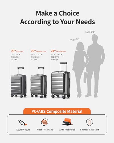 Expandable 20Inch Carry On Luggage Airline Approved - Front Pocket Hardside Travel Suitcase Unbreakable -with Cup Holder,USB Charge,Side Pothook, 360°Spinner Wheels, TSA Lock, Grey3