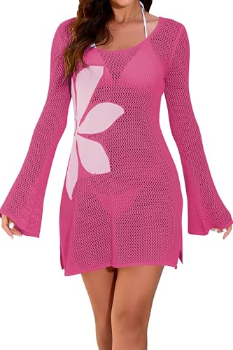 Image of Cakulo Women's Swimsuit Cover Up Crochet Beach Floral Dress | Bell Sleeve, Hollow Out, High Slit, Bathing Suit Cover Up, Summer Casual, Boho Vacation Dresses, Cruise Outfits, Resort Wear