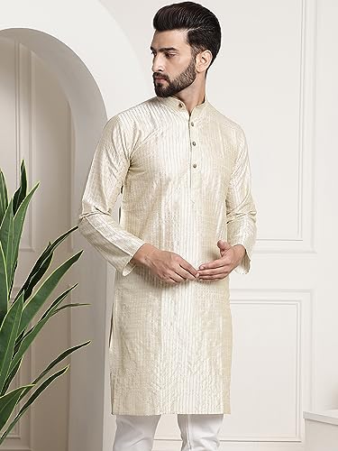Image of SOJANYA Men's Pintuck Silk Blend Embroidered Kurta