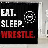 Wrestling Sports Shower Curtains Home Decor,Eat Sleep Wrestle Themed Bath Curtain,Wrestle Rodeo Black Red Cloth Waterproof Fabric Bath Room Decor Set with Hooks, 72Wx72L inch