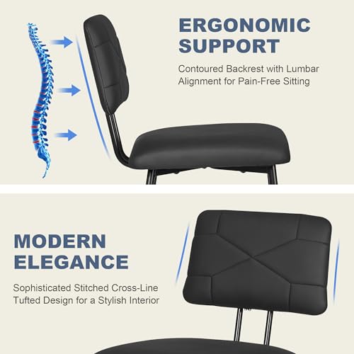 VECELO Dining Chairs Set of 2, Modern Upholstered Kitchen Chairs with Faux Leather Cushion Seat & Metal Legs for Kitchen, Living Room, Tufted Backrest Design, Black - Thumbnail 5