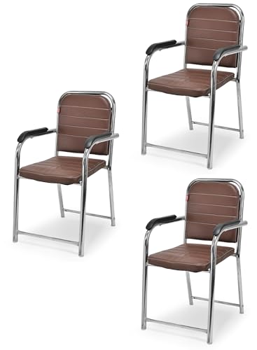 Image of Office Chair Visitor Chair with arm Rest with Steel Frame and Cushioned seat Back, Chair Without Wheels Holds up to 140 kg Heavy Design (3, Coffee, Heavy)