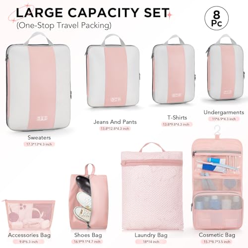 Image of OlarHike 8 Set Compression Packing Cubes for Travel Essentials,Compressible Expandable Space Saver Bags for Organizing Clothes,Luggage Suitcase Garment Bags with Over 1000 pcs Mesh Holes(Pink)