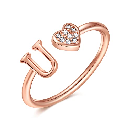 Image of Initial Rings for Teen Girls - S925 Heart Sterling Silver Rings for Teen Girls | 14K Gold /Rose Gold /Sterling Silver Plated Ring for Girls Kids Women Ring for Teenager Girls Gifts Adjustable, No Tarnish, Hypoallergenic