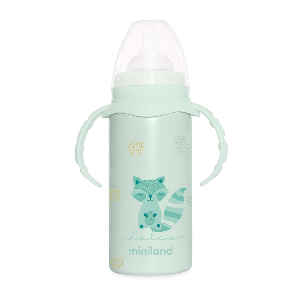 Miniland Thermobaby Dolce Menta 240ml. Thermos da 240ml in acciaio inox con tettarella, a doppio strato di acciaio, che mantiene la temperatura della bevanda fredda e calda per ore.