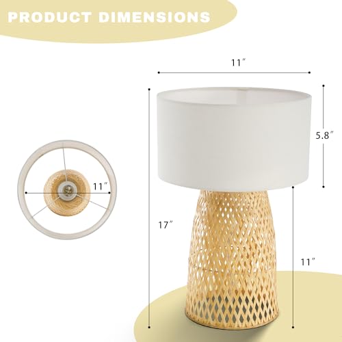 Image of Boho Bamboo Table Lamp, Handwoven Bedside Lamp with Linen Shade, Small Natural Weave Nightstand Light for Living Room, Tea Room, Desk,White