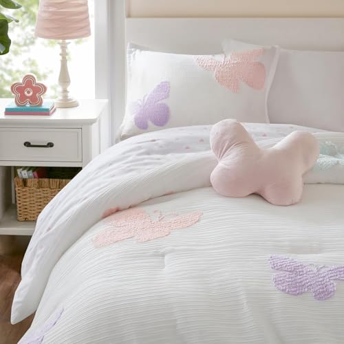 Intelligent Design Kids Rio Twin Comforter Set Girls Reversible Tufted Chenille Bedding with Pastel Purple Butterflies and Pink Dot 3pcs